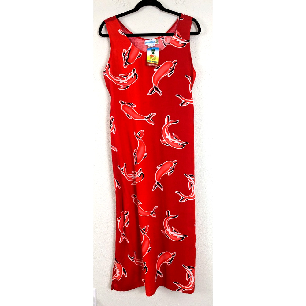 New Fun Wear sz L Midi to Maxi length Dress red dolphins sleeveless tank 0454